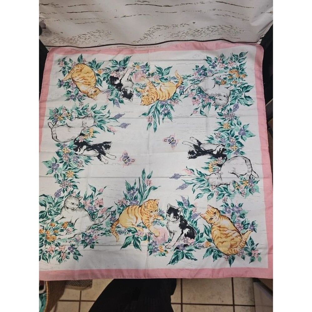 Vintage Avon Cat Scarf Italy 30" Square Floral Kitten Pink Border Polyester